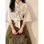 Mùa Hè Tay Ngắn Preppy Kẻ Sọc Mèo Dễ Thương Thêu Áo Sơ Mi Cổ Retro Top Rời Áo Sơ Mi