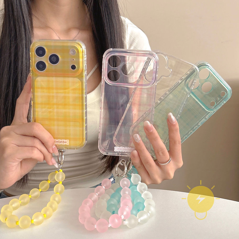 Phone Case For iPhone 17 Pro Max 16 15 TPU Transparent Keychain Chain Colorful Heart Grid Aesthetic Korean Cute