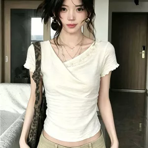 Áo thun ngắn tay cổ chữ V cao cấp phong cách Hàn Quốc dành cho nữ mùa hè không đều Agaric Edge Slim @ -