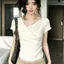 Áo thun ngắn tay cổ chữ V cao cấp phong cách Hàn Quốc dành cho nữ mùa hè không đều Agaric Edge Slim @ -