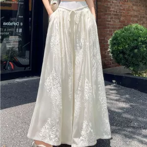 Trắng thêu mùa hè Phong cách mới dành cho nữ cạp cao co giãn dáng rộng hơn trông rộng có dây buộc Drape Quần thường ngày
