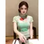 Milyfashion Y2K Bạc Hà Xanh Graffiti Nửa Cổ Cao Tay Ngắn T Giả Hai Mảnh Gạc Slim-Fit Ngắn Top Nữ Bé tee