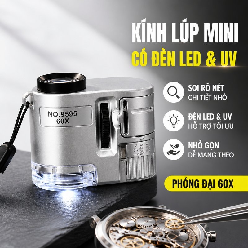 Kính Lúp Mini Cầm Tay 60X Màu Bạc Có Đèn LED Và UV Nhỏ Gọn Dễ Mang Soi Chi Tiết Trang Sức Đồng Hồ