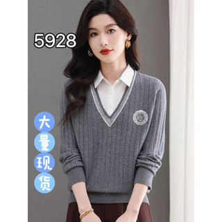 Áo sơ mi cổ dệt kim dài tay thiết kế hai mảnh như áo len nữ, phiên bản Hàn Quốc, phù hợp thu đông.