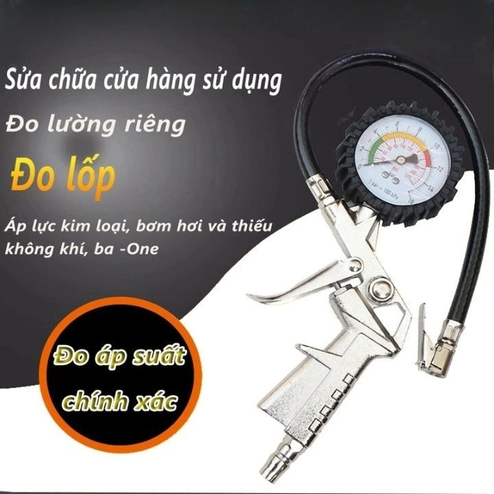 Đầu Vòi Bơm Ô Tô Xe Máy Đa Năng Có Đồng Hồ Đo Áp Suất Lốp, Chống Rò Rỉ, Kẹp Chắc Chắn
