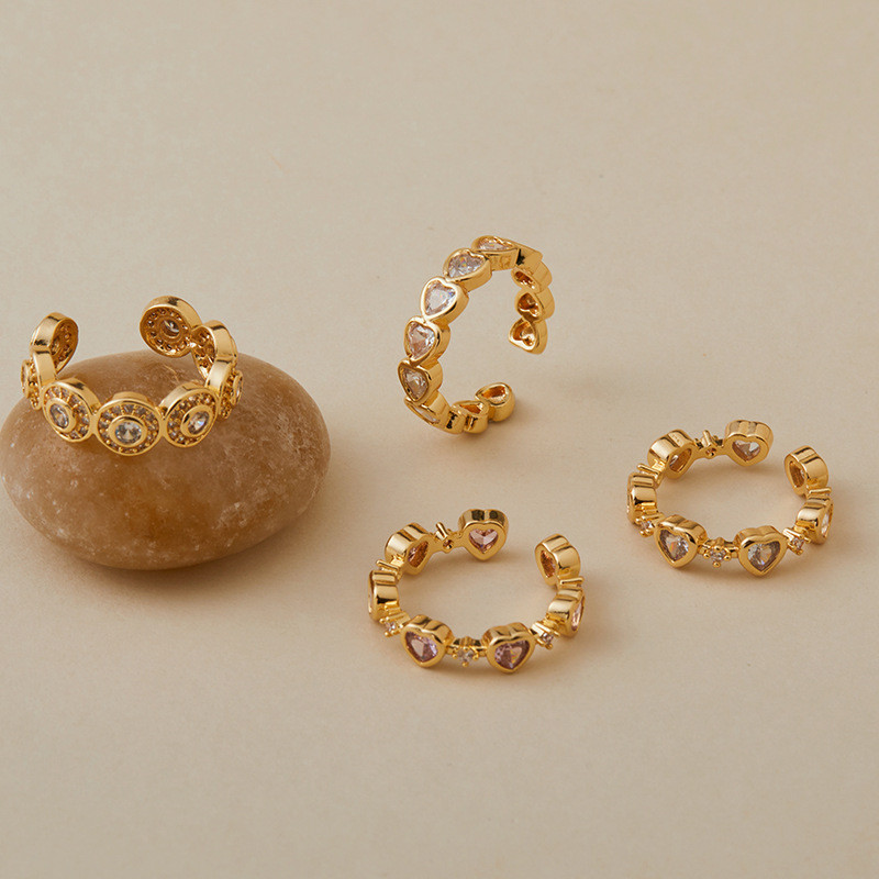 Nhẫn Trái Tim Có Thể Điều Chỉnh Cho Nữ, Trang Sức Ban Nhạc Mở Mạ Vàng Với Pha Lê Zircon