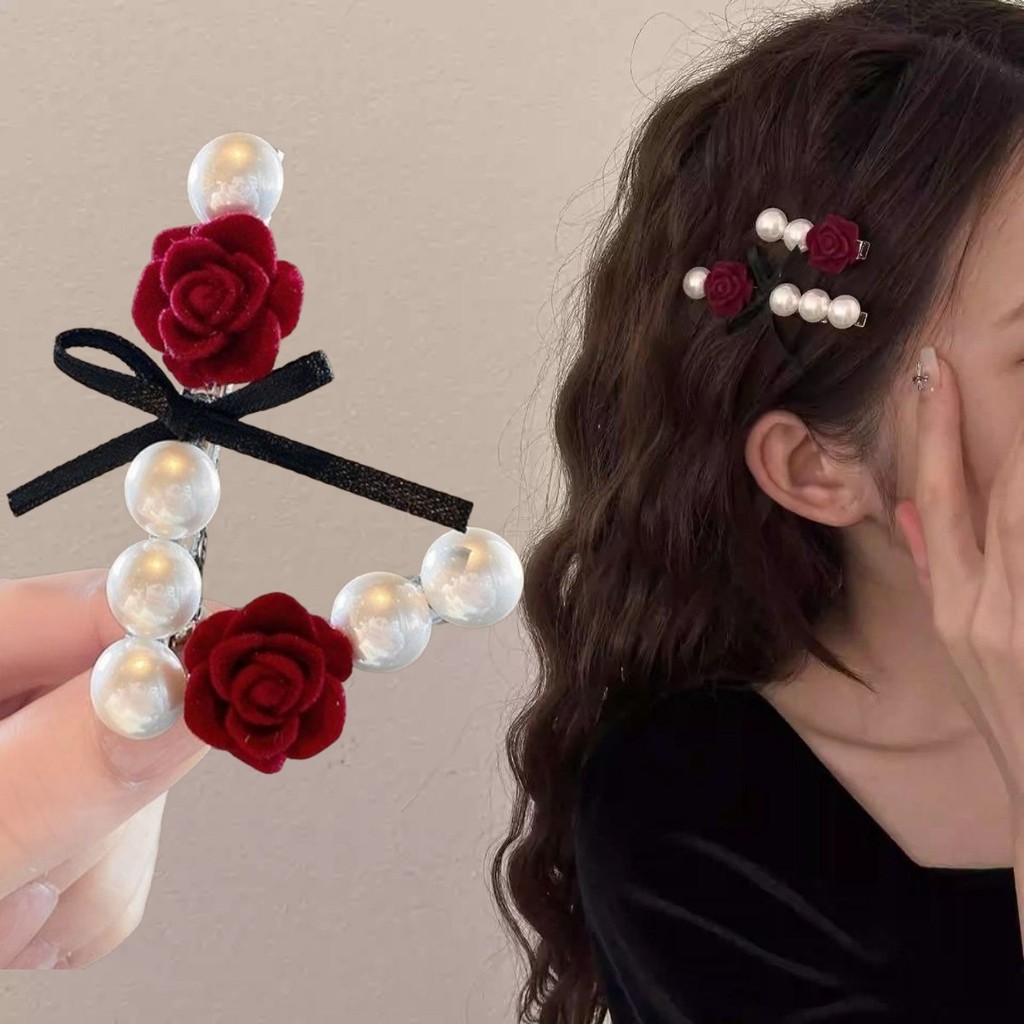 Vỉ 2 Kẹp Tóc Mỏ Vịt Hoa Hồng Phối Nơ Ngọc Dễ Thương Phụ Kiện Tóc