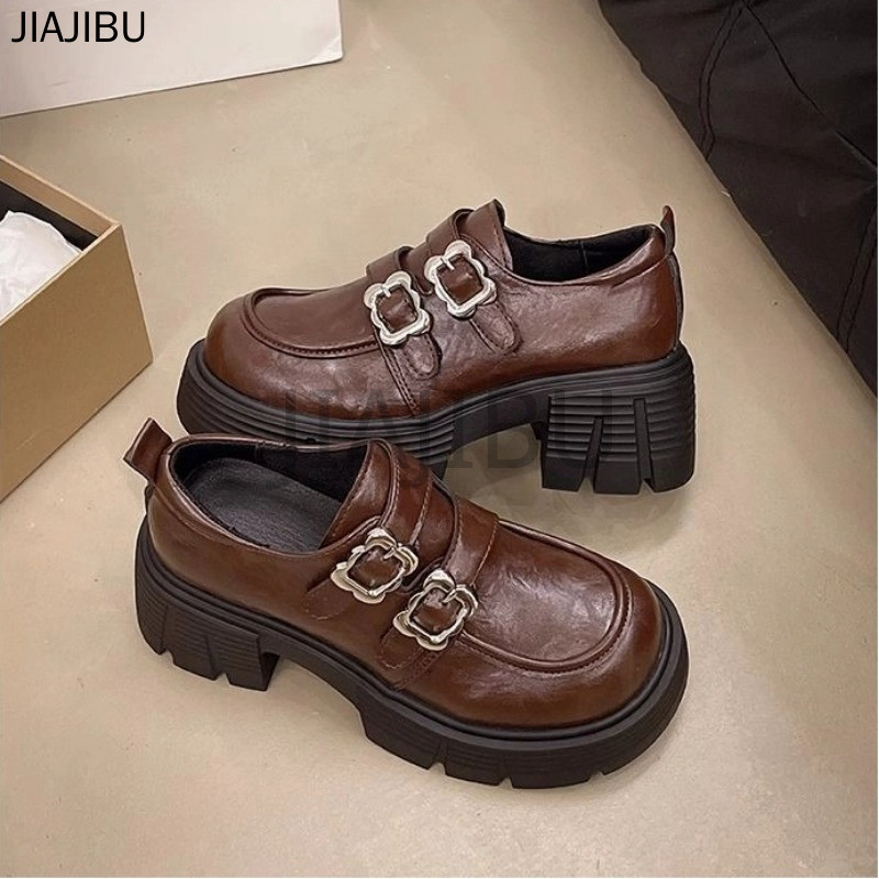 Giày Da Cao Cấp Mũi Tròn Chống Trượt Hai Hàng Khuy Màu Nâu/đen Gót Dày Phong Cách Sinh Viên Anh Dành Cho Nữ Korean Fashion Casual Matte Cosplay Platform Mary Jane Shoes Giày Lolita Đồng Phục JK Nhật Bản