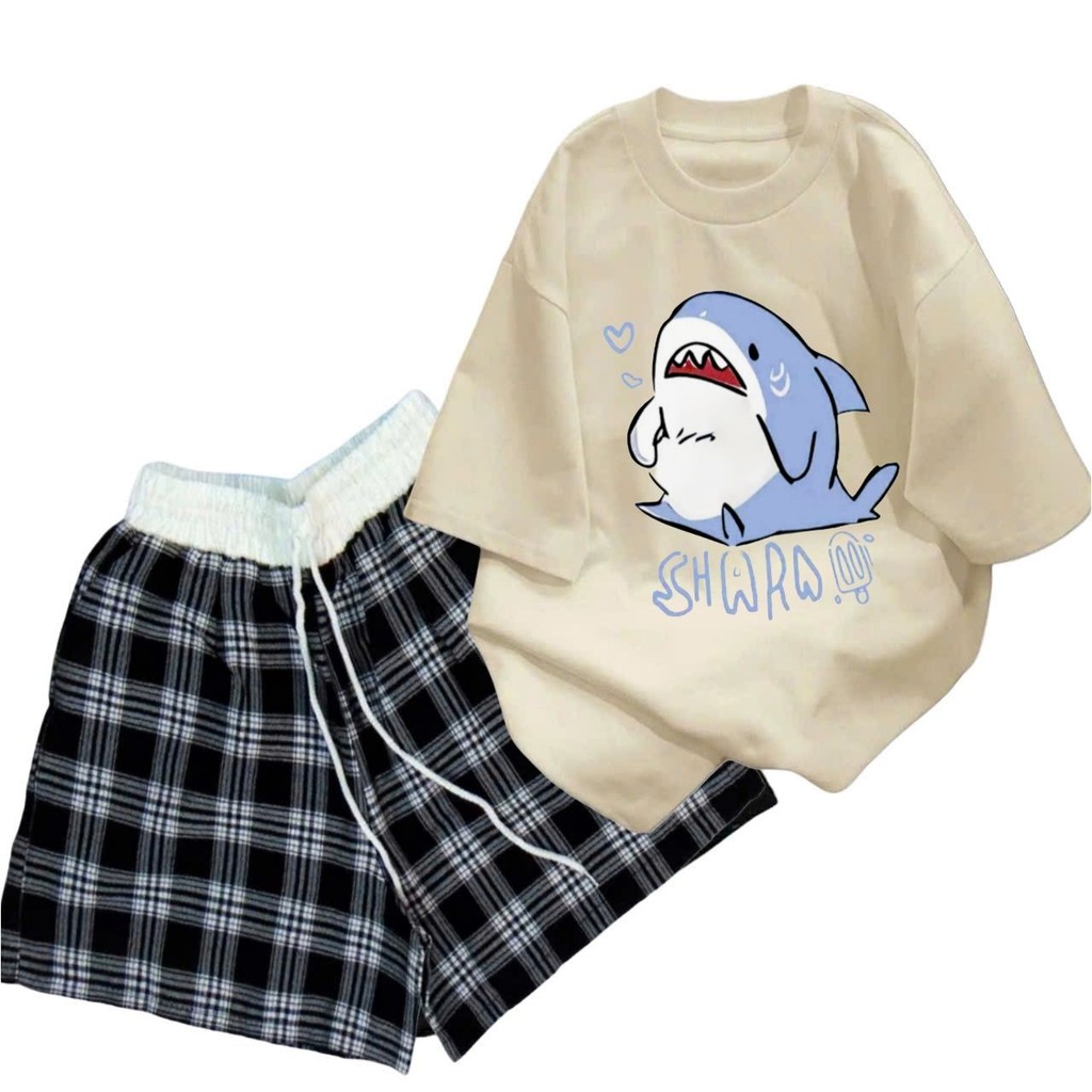 Sét đồ quần đùi cộc + kết hợp áo phông form rộng unisex nam nữ  thời thượng cá mập