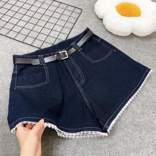 Quần đùi jean bigsize nữ lưng cao phối ren xinh  xắn cho nữ chubby màu xanh denim đậm dễ phối đồ- Q565