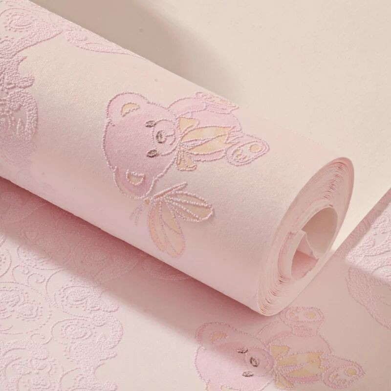 Giấy dán tường phòng trẻ em | Hình gấu dễ thương | Giấy dán tường màu hồng trang trí phòng ngủ