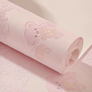 Giấy dán tường phòng trẻ em | Hình gấu dễ thương | Giấy dán tường màu hồng trang trí phòng ngủ