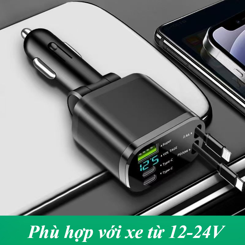 Tẩu Sạc Ô Tô 120W Đa Năng - 4 Cổng Sạc Cùng Lúc, Đèn LED Báo Hiệu, Sạc Nhanh An Toàn