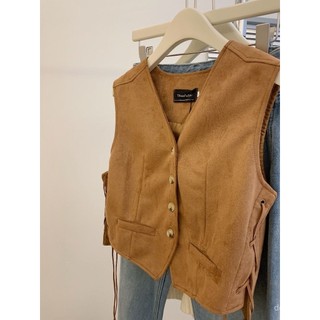 Áo Vest Da Lộn Ren Phong Cách Melard, Thiết Kế Mùa Thu, Cổ Chữ V Ngắn Không Tay