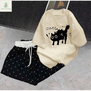 Bộ đồ quần đùi cộc và áo phông tay lỡ cotton su, thời trang thoải mái và phong cách-b