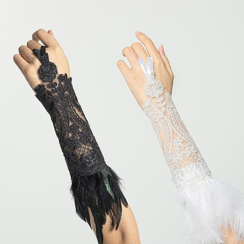 Găng tay buộc ngón lông vũ ren Gothic - Phù hợp cho tiệc cưới và Halloween