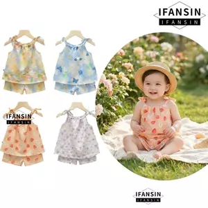 Bộ đồ dây đeo FANSIN, Bộ dây thắt lưng co giãn in hoa cho bé gái Bộ quần short đeo chéo trẻ em, Dây đeo vai không tay thời trang Dây đeo vai có họa tiết bề mặt Váy ghi lê hàng ngày