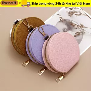 Ví đựng tiền xu ESSENCEH, màu trơn có dây chuyền Ví tròn, Hộp đựng thẻ dây kéo bằng da PU thời trang dành cho nữ