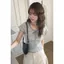 Sọc màu tương phản cổ chữ V đơn giản Hàn Quốc Tay ngắn Slim-Fit Slimer Look Lace-Up Bow Short Top