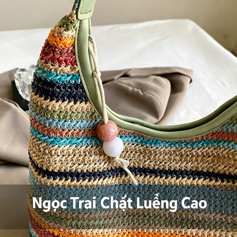 Túi Xách Cói đi Biển đeo Vai – Thiết Kế đơn Giản, Thời Trang, Màu Tương Phản, Phù Hợp Du Lịch Và Dạo Phố