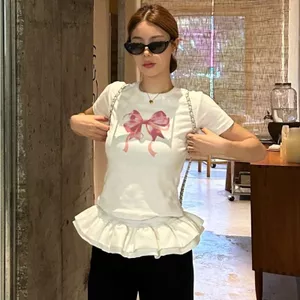 Nơ cay trắng ngọt ngào Slim-fit Áo ngắn nữ Thiết kế mùa hè Cảm giác cô gái nóng bỏng Vai trước ngắn @ -