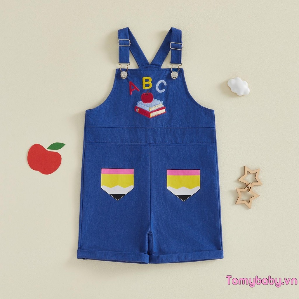 [lpDL] Quần yếm trẻ em Back to School Letter Book Thêu áo liền quần không tay có khóa thông thường
