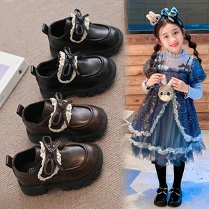 Giày trẻ em đen mũi vuông nơ da mềm thoáng khí chống trượt velcro siêu nhẹ đi học dự tiệc công chúa