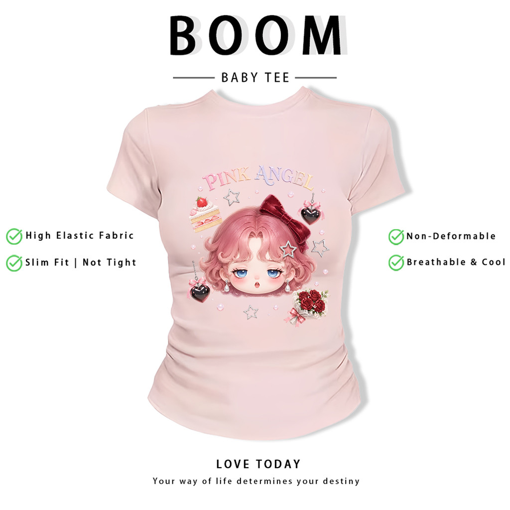 BOOM Áo Baby Tee Nữ Cotton Ôm Body-Áo Thun Ngắn Tay Y2K In Hình PhongCách Mùa Hè, Cổ Tròn Hàng Đầucách hàn quốc phong340
