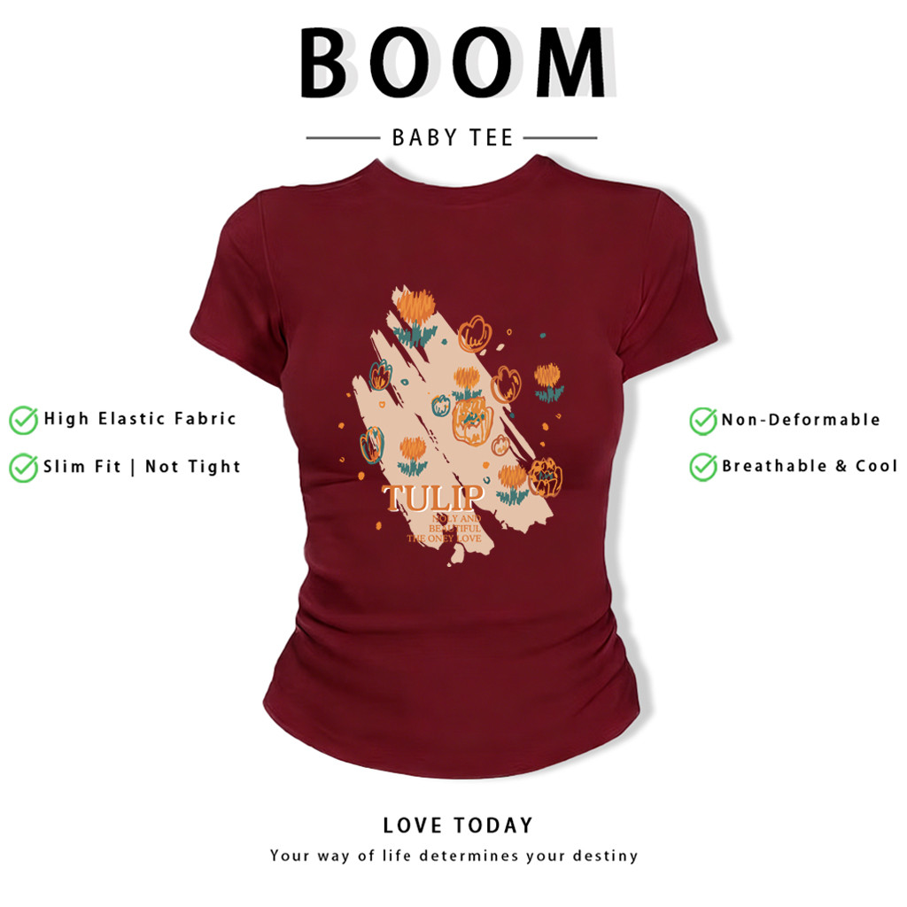 BOOM Áo Baby Tee Nữ Cotton Ôm Body-Áo Thun Ngắn Tay Y2K In Hình PhongCách Mùa Hè, Cổ Tròn Hàng Đầucách hàn quốc phong360