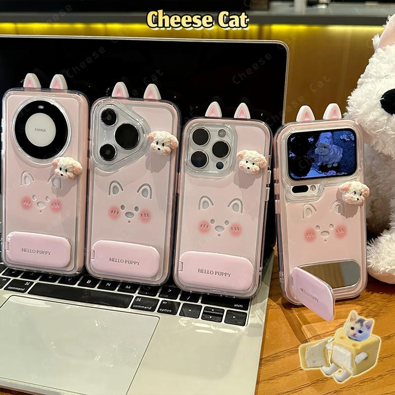 Ốp điện thoại tai chó con 3D dễ thương dành cho iPhone 13 14 15 Plus 16 12 11 17 Pro Max Ốp lưng kèm gương trang điểm