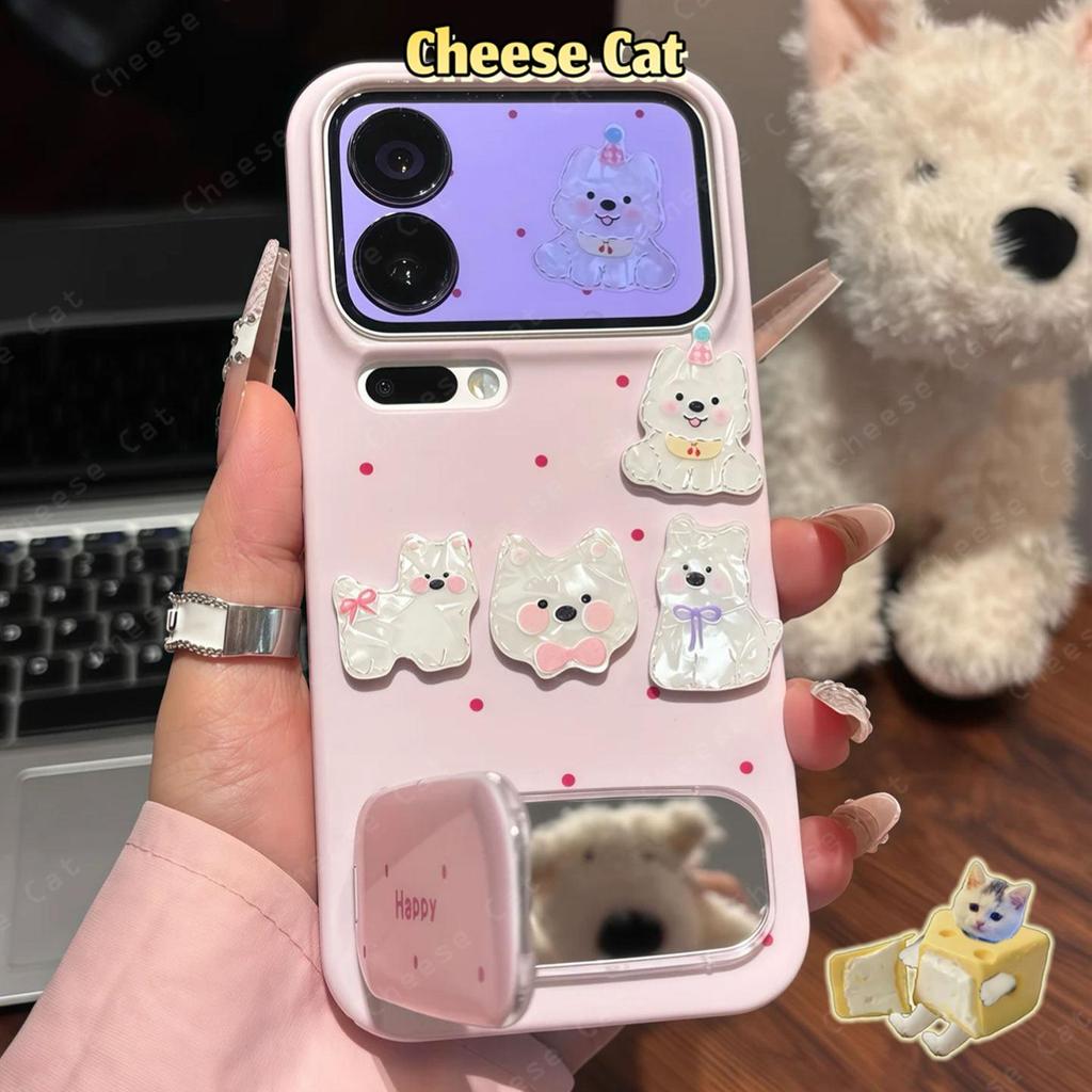 Ốp điện thoại có đế gương hình chó con chấm bi đơn giản cho iPhone 17 Pro Max 11 12 13 14 15 Plus