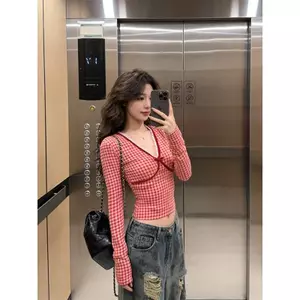 American Retro Hot Girl Style Wearing Suit Nữ Xuân Phong Cách Mới Kẻ Sọc Cổ Chữ v Áo Thun Dài Tay Rách Quần Ống Rộng Bộ Đồ Hai Mảnh