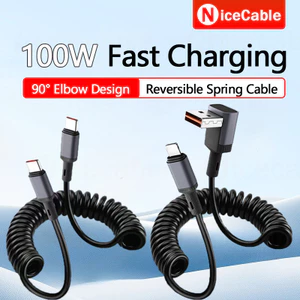 Cáp dữ liệu sạc siêu nhanh Type C / USB sang Type C 100W 90° Thiết kế khuỷu tay Cáp dữ liệu sạc lò xo đàn hồi cao có thể co giãn