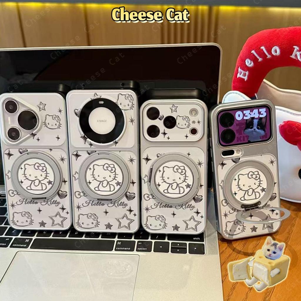 Ốp Điện Thoại Da Kitty Dây Bạc Có Chân Đế Xoay Bằng Kim Loại Cho iPhone 16 17 13 14 15 Plus 12 11 Pro Max Xs XR
