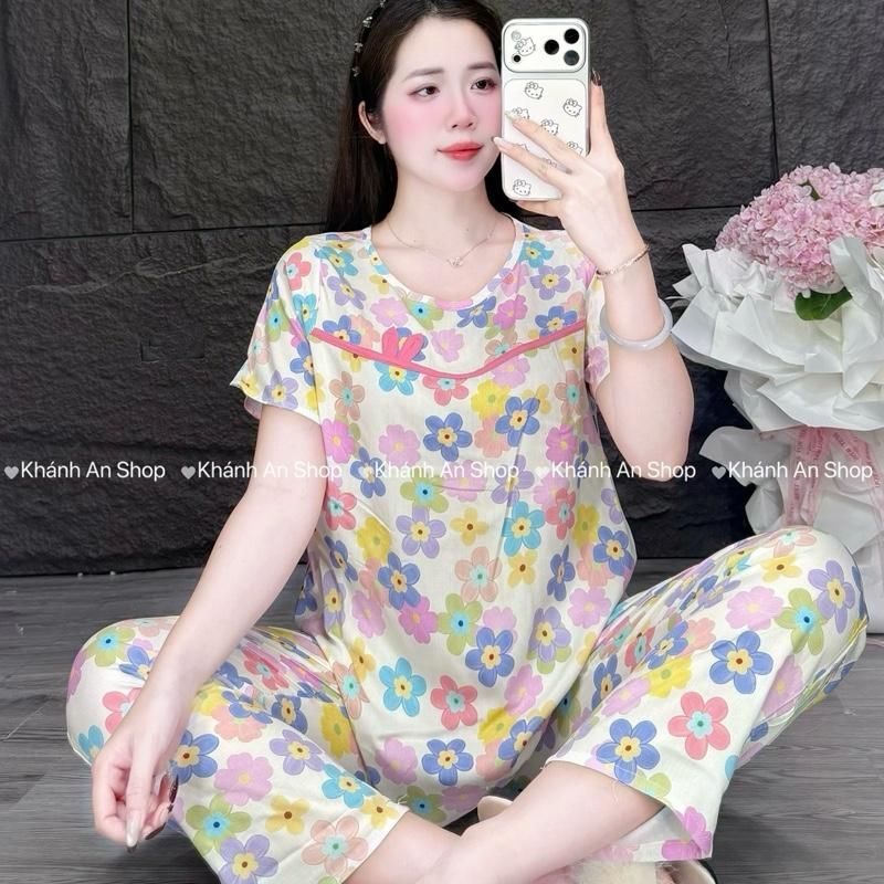 Tole I1 KA555-Fom Gọn Mặc Rộng Lên 1 size - Đồ Bộ Tole Lanh Nữ Áo Tay Ngắn Cổ Tròn Phối Viền Quần 8 Tấc Size 40-80kg F4