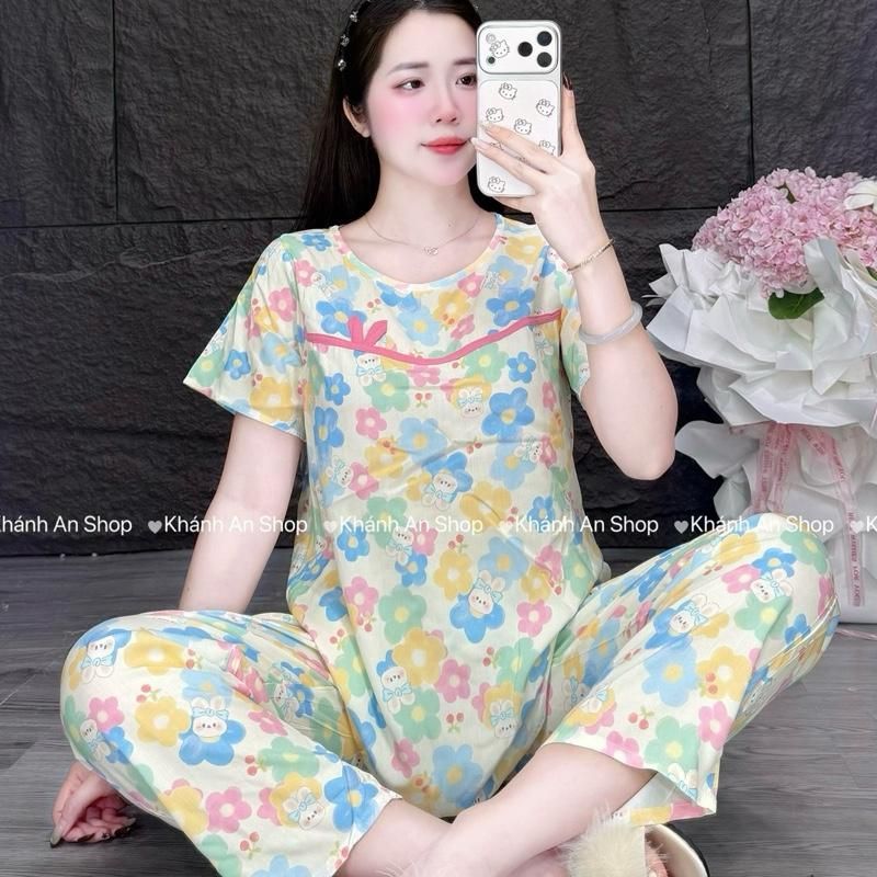 Tole I1 KA555-Fom Gọn Mặc Rộng Lên 1 size - Đồ Bộ Tole Lanh Nữ Áo Tay Ngắn Cổ Tròn Phối Viền Quần 8 Tấc Size 40-80kg F4