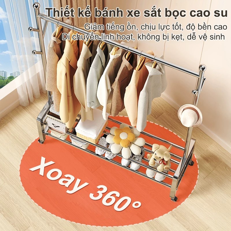 𝐎𝐥𝐢𝐟𝐞 Giá treo quần áo inox dày 2 tầng bánh xe độ chống gỉ giá phơi đồ đa năng chứa giày mũ túi cho phòng