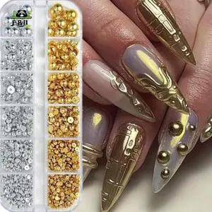 12Grids Hỗn Hợp Ngọc Trai Bán Tròn Vàng Và Bạc Móng Tay Quyến Rũ Trang Trí Móng Tay Làm Móng Tay Phụ Kiện Salon Làm Móng Tay EMKK
