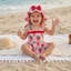 Bộ đồ bơi bé gái không tay kẻ sọc in hình dâu tây Bikini có mũ Đồ bơi để tắm mùa hè