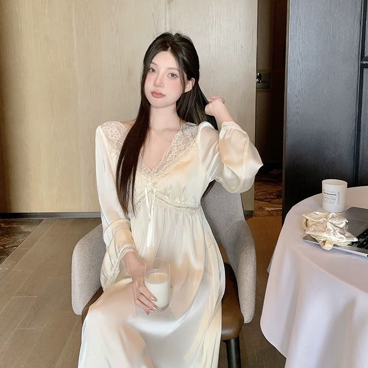 Bộ Đồ Ngủ Pháp Ice Silk Váy Ngủ Dài Tay Ren Ngọt Ngào Xuân Thu Cung Điện Công Chúa Loungewear Ngực Miếng Lót Gợi Cảm