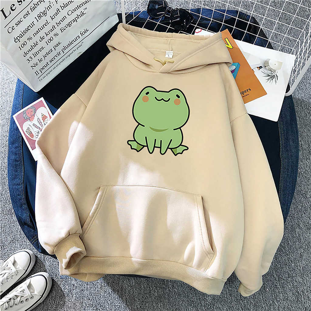 Áo hoodie nữ dài tay có mũ trùm đầu, thiết kế in hình ếch đáng yêu, phù hợp mùa thu