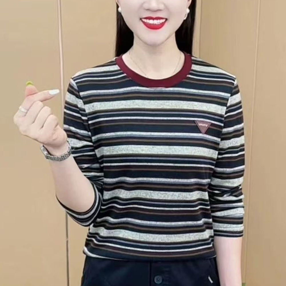 Áo nhung sọc cổ tròn dài tay cho mùa thu đông