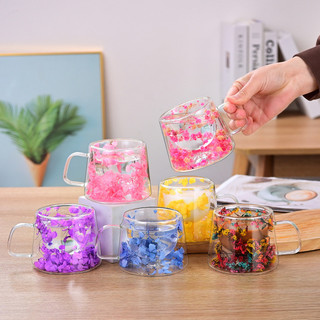 Cốc thủy tinh đôi Cốc cà phê giá trị cao có tay cầm Cây hoa sáng tạo Hai lớp Kính đơn giản khô JSLH