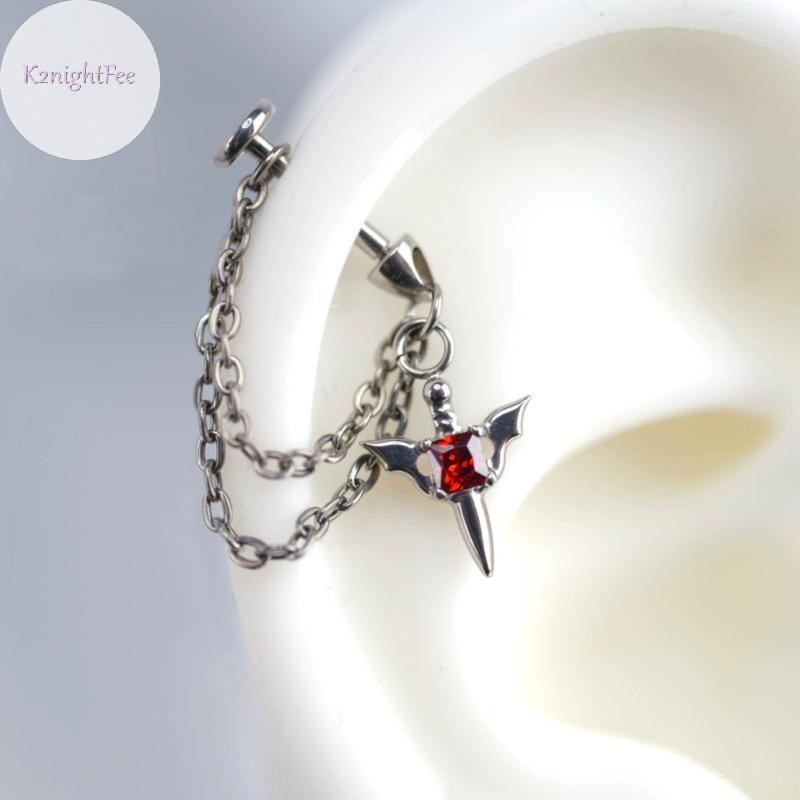 Bông tai zircon đỏ và dây xích xuyên, thiết kế gothic với đinh tán xương, phù hợp nam/nữ, xu hướng Y2K