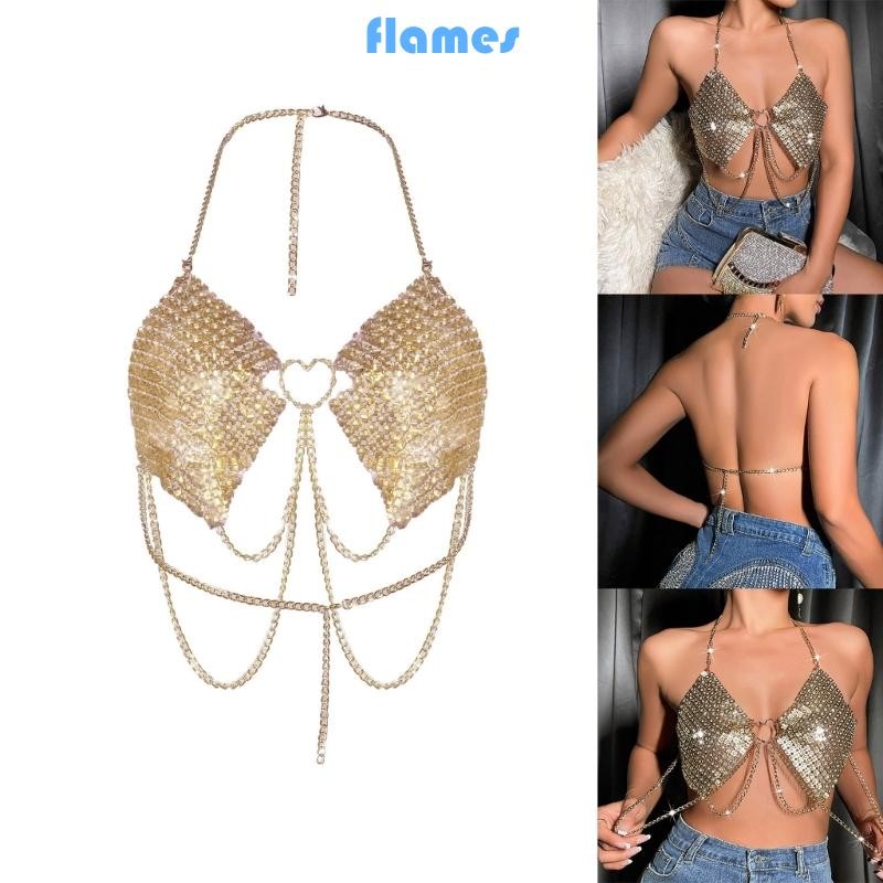 Trang sức cơ thể lấp lánh hình trái tim với hoa kim cương giả và dây xích - Phù hợp cho nữ