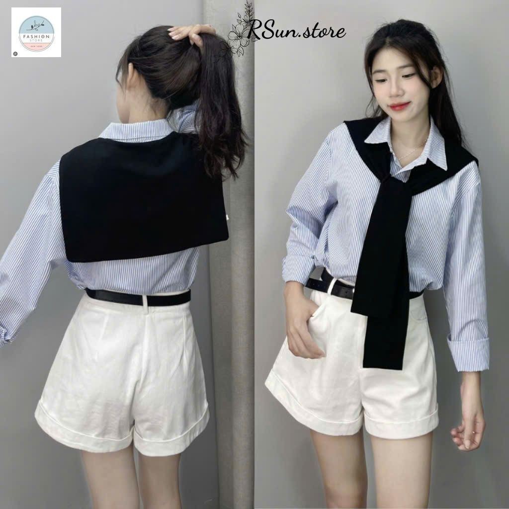 Áo sơ mi dài tay chất đũi xốp kèm khăn siêu xinh-QUANAO94