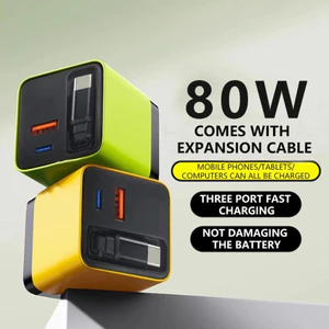 80WGaN C+C+A Bộ sạc di động có cáp thu gọn Hỗ trợ sạc nhiều loại thiết bị với cáp sạc loại C có thể thu vào 80cm