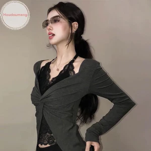hoodie hai mảnh mỏng gợi cảm cho nữ với ren và dây áo thun dài tay