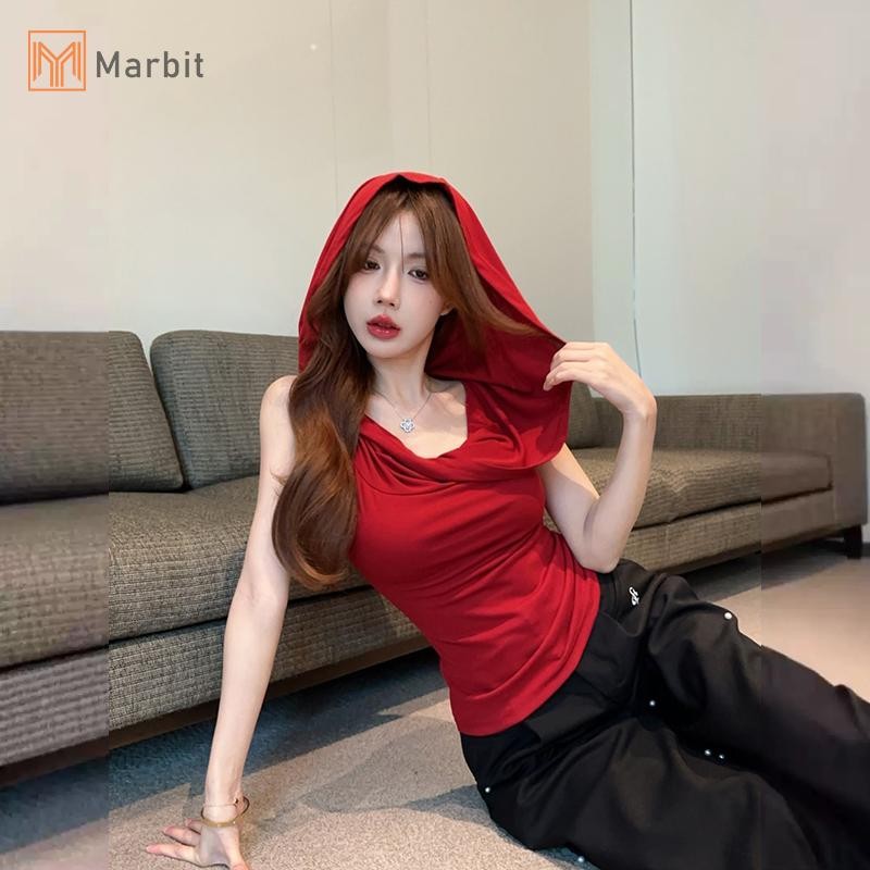 Áo sơ mi nữ không tay có mũ trùm đầu phong cách retro Y2K, thiết kế chắc chắn dành cho mùa hè