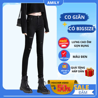 ( amily ) Quần jean nữ đen AMILY phong cách rách lệch 4 đường dáng skinny lưng cao co giãn có BIGSIZE VH11